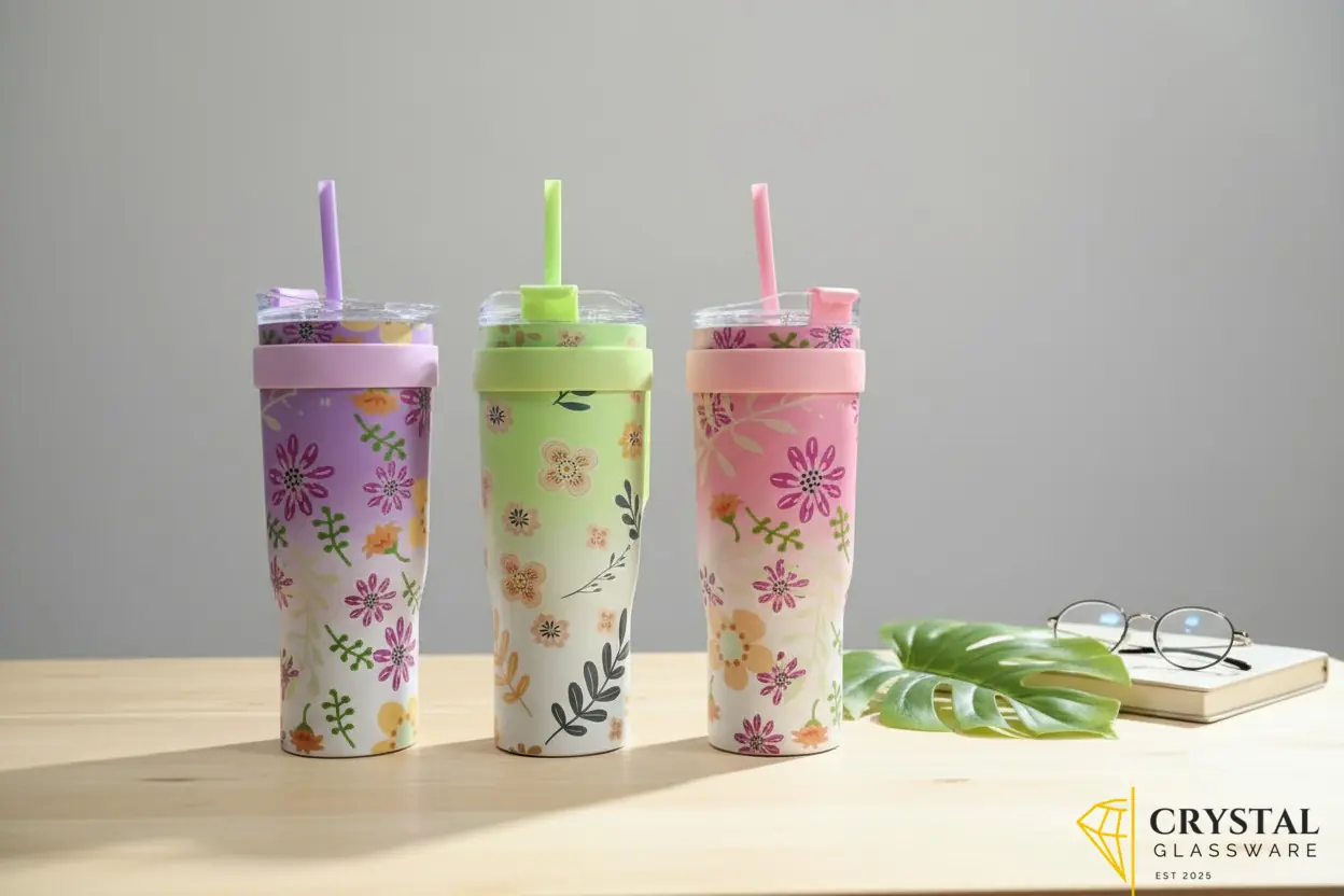 Floral insulated travel tumbler features a convenient handle a matching turquoise upper band and a reusable straw